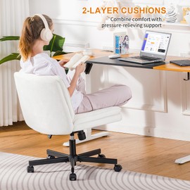 COMHOMA Criss Cross Chair with Wheels, Armless Wide Cross Legged Office Chair Mid Back, Modern Home Office Desk Chair Swivel Adjustable Vanity Computer Chair, White Beige Velvet