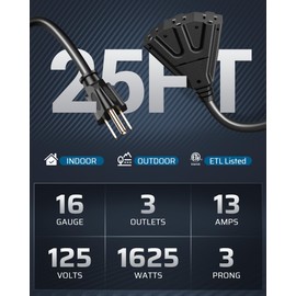 DEWENWILS 25FT Christmas Outdoor Extension Cord, 16/3 SJTW Tri-Tap Power Cable, Weatherproof, Heavy Duty Extension Cord for Holiday Decoration and Landscaping Lights, ETL Listed, Black, 2 Pack