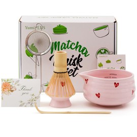 YumiPLUS 5pcs Premium Matcha Set,Ceramic Bowl with Spout and Bamboo Whisk set, Ceremonical Matcha Kit for breakfast/latte,Tea Starter Making Kit,Unique Matcha Gift set (pink love)