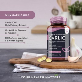 Premium Garlic Capsules - Odourless High Strength 15,000mg - 180 Soft Gel Capsules of Deodourised Cold Pressed Garlic Oil from Allium Sativum – 6 Month Supply - Made in The UK by Nutravita