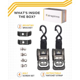 Strapinno 2PCS Stainless Steel Retractable Ratchet Straps (1 7/8 in x 4 ft) Transom Tie Downs for Boat Trailer - Extra Mounting Brackets & Bolt Set, Boat Accessories, Break Strength 1,650LB/750KG