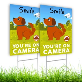 2 PC Smile You're On Camera Signs - 8x12 Double Sided Coroplast No Dog Poop Signs For Yard - Surveillance Camera - Pick Up After Your Dog Sign