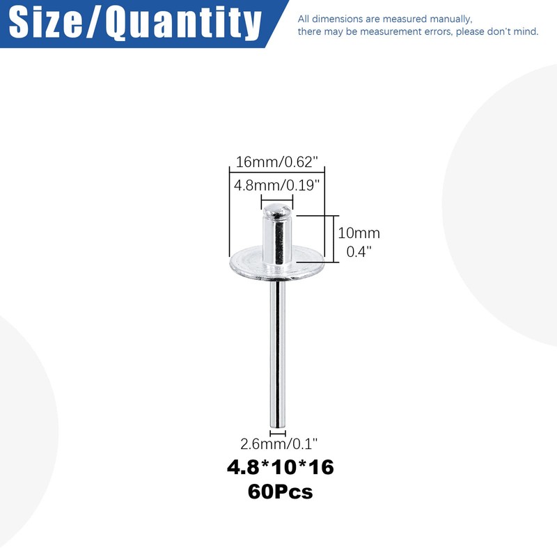 Glarks 60Pcs 3/16" x 3/8" Large Flange Aluminum Blind Rivets