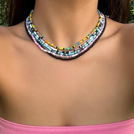 Long tiantian Beaded Necklaces for Women Boho Choker Necklace Adjustable Ethnic Beaded Jewelry Lightweight Layered Necklace for Summer Beach