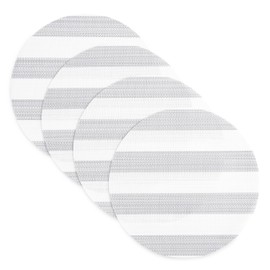 TOWN & COUNTRY BASICS Cabana Stripe Indoor Outdoor Placemats 4-Pack Set, Reversible and Easy Clean, Grey/White, 15" Round