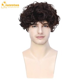 QUEENTAS Brown Men's Wig Short Curly Wigs for Men Synthetic Costume Anime Hair Wig for Cosplay Daily Use