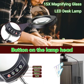 15X Magnifying Glass with Light and Stand, 5 Color Modes 10 Levels Adjustable Brightness, 2-in-1 Desk Lamp with Clamp, Hands Free LED Light Magnifier for Craft Hobby Reading Repair Close Works