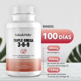 Triple Omega 3-6-9 con Aceites de Pescado, Oliva y Linaza - 100 Cápsulas - Enriquecido con Vitamina E - S&V - Con Ácidos Grasos Esenciales y Naturales