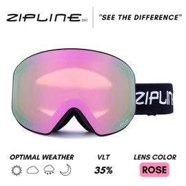 Zipline Podium XT Ski Goggles - No Fog Magnetic Lenses, Double Cylindrical Polycarbonate, Italian Inner Lens, Easy Lens Change - Used by Pros (Black Frame - Cherry Blossom - Rose Lens, Black Frame)