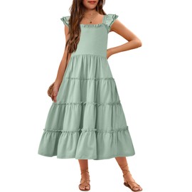 Arshiner Girls Maxi Summer Short Flutter Sleeve Casual Dress with Pockets for 13-14 Years Light Green