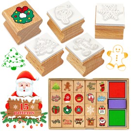 Zayvor Christmas Stamp for Children Christmas Decorations Wooden Stamp Christmas Stamp Set Toy Stamp Ink Pad Pencil Santa Snowflake Wooden Stamp Set