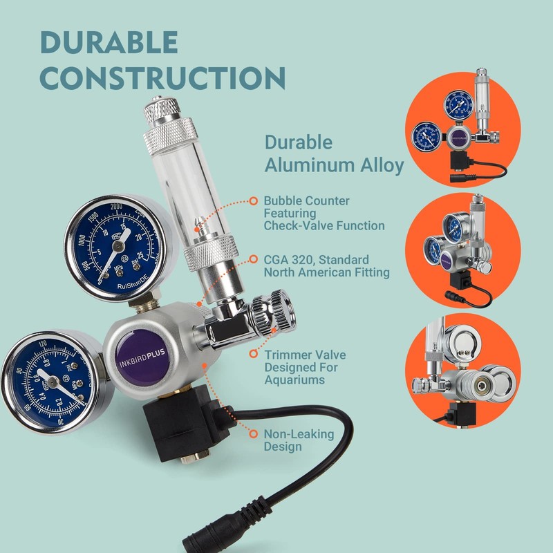 INKBIRDPLUS 12V DC CO2 Regulator with Dual Gauges, Bubble Counter