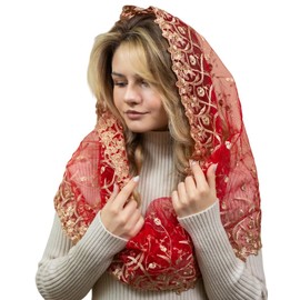 Maria Veils Catholic Mantilla Infinity Mass Church Lace Chapel Cathedral Mass Head Veil - Spanish Style, Gold/Red