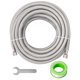 SUNGATOR 25 Feet Refrigerator Water Line, 1/4" Comp X 1/4" Comp Ice Maker Hose, 25 Feet Stainless Steel Braided Ice Maker Water Supply Line with A Wrench and Sealing Tape (1 Pack)