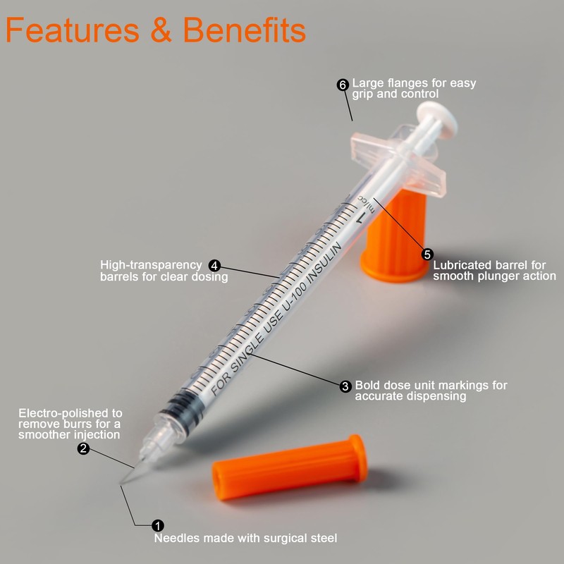 U-100 27G 1cc Syringes with 5/16 Inch-8mm Accurate Measuring for