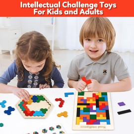 NAODONGLI Wooden Puzzles,Geometric Shape Logic Hexagon Puzzle Toys Brain Teasers STEM Montessori Educatioanl IQ Board Games for Kids Boys Girls Ages 3+ (4 Pack)