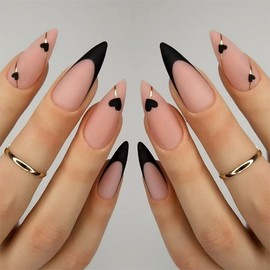 Valentine's Day Press on Nails Medium Almond Fake Nails Matte Black Heart False Nails French Tip Press on Nails Nude Color Acrylic Glue on Nails Gold Line Stick on Nails for Women Manicure 24 Pcs