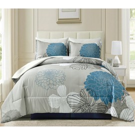 Yiran 7 Pieces Bed in a Bag King Comforter Set Blue Floral Comforter Sets Soft Microfiber Flowers Bedding Set (1 Comforter 1 Flat Sheet 1 Fitted Sheet 2 Pillowshams 2 Pillowcases)