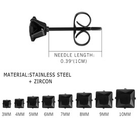 Aroncent 8 Pairs of Women's Square Stud Earrings with Cubic Zirconia, 3 - 10 mm, White/Black, Stainless Steel