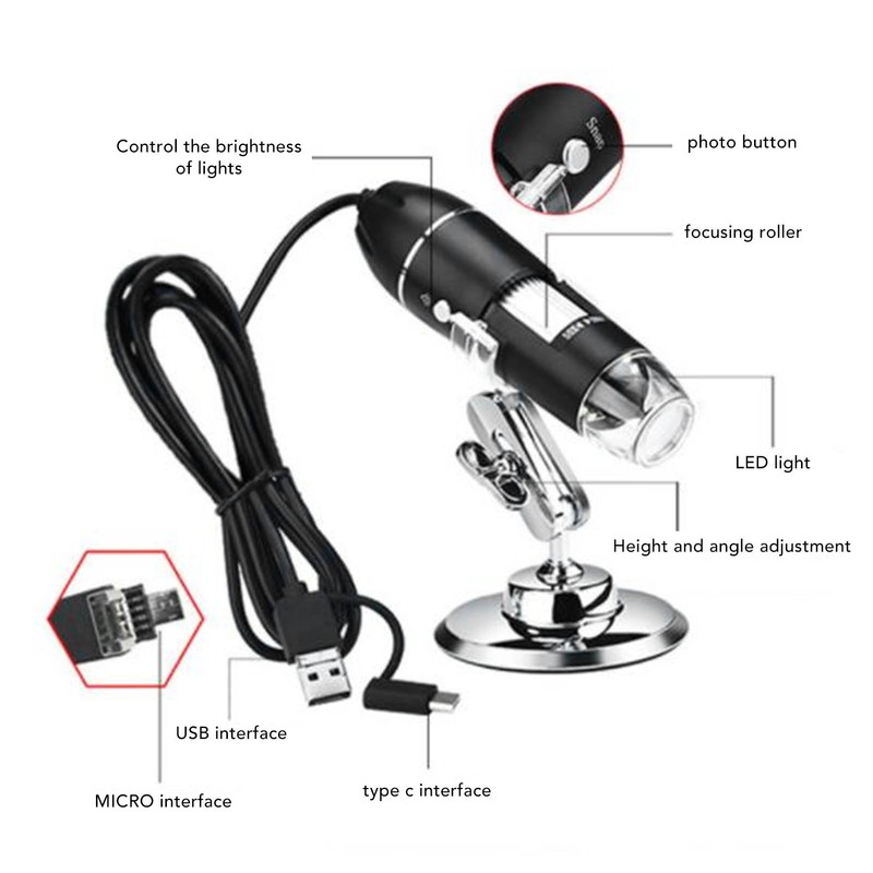 Handheld Digital Microscope 50X to 1600X Magnification USB Type C