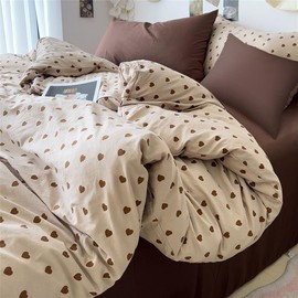 Brown Heart Duvet Cover Queen Size Cute Love Pattern Bedding Set Kawaii Mocha Mousse Heart-Shaped Comforter Cover with Zipper Closure Reversible Soft Breathable Microfiber