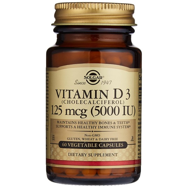Solgar Vitamin D3 (Cholecalciferol) 125 mcg (5000 IU), 60 Vegetable Capsules - Helps Maintain Healthy Bones & Teeth - Immune System Support - Non-GMO, Gluten Free, Dairy Free, Kosher - 60 Servings