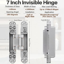 Onedaful 2 Kits 7 inch Stainless Steel Hidden Door Hinges Invisible Hinges for Door, 180 Degree Swing Concealed Hinges, 3 Way Adjustable & Heavy Duty for Secret Door (Load-Bearing Up to 170lbs)