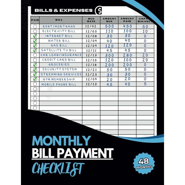 Bill Tracking Notebook: Monthly Bill Checklist | 4 Year Payment