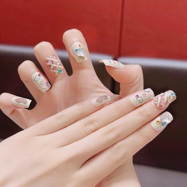 CATKIN 24pcs Medium Square Aurora Star Rhinestone Press On False Nails with Design, Full Cover Acrylic Nails
