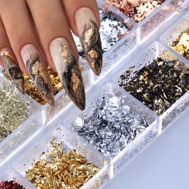 Holographic Glitter Nail Art Gold Foils,12 Colors Sparkly Champagne color and silver line Ultra-Thin Aluminum Flakes Design, Irregular Nail Sequins Acrylic Manicure Accessories DIY Charms 3D Nail Tips