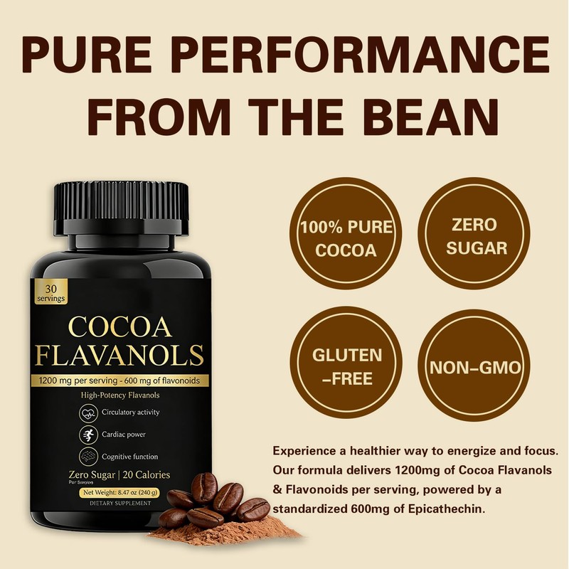 High Flavanol Cocoa Powder Supplement | 1200mg Flavanols Complex for