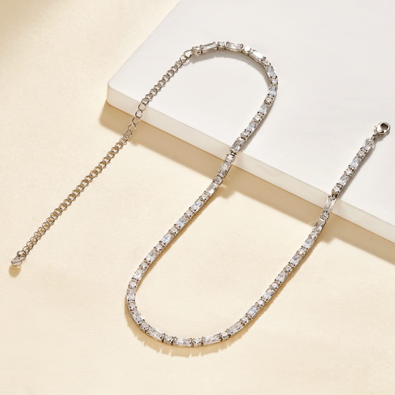 KissYan Silver Tennis Necklace for Women, White Gold Plated Diamond