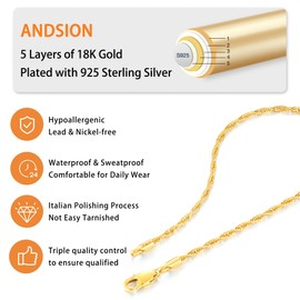 Andsion Solid 18K Gold Plated 925 Sterling Silver Rope Chain Necklace for Women Trendy, 1.5mm & 2.5mm Waterproof Non Tarnish & Sturdy Women's Chain Necklace 16/18/20/22/24/26 Inch, 26 Inch, Gold, No