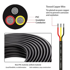 20 Gauge 3 Conductor Electrical Wire, 20 AWG Tinned Copper 3 Wire Cable - Flexible Stranded Electrical Wire for LED Strips, Lamps, Marine & Automotive Use (65.6FT)
