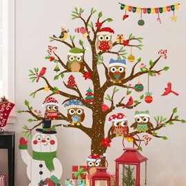 Christmas Owl Tree Window Clings Double Sided Static Vinyl Cling PVC Decals Peel and Stick Decal for Home Office Windows Doors Glass Decor (35.43inch * 11.81inch, 3 Sheets)