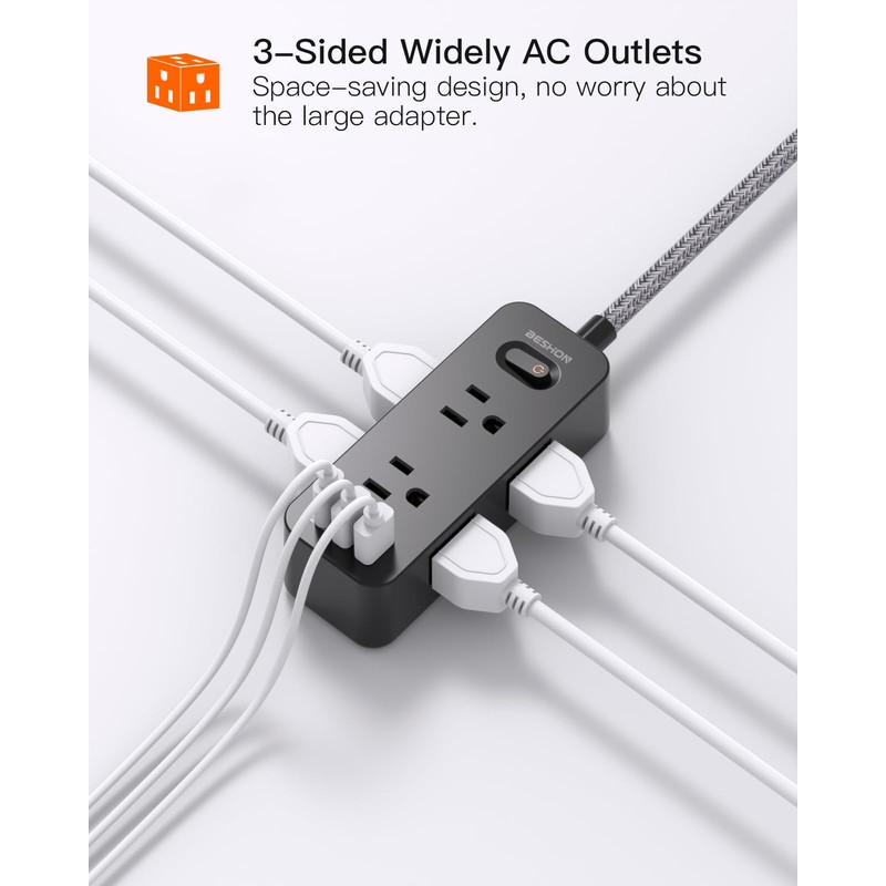 10 FT Black Extension Cord, BESHON Surge Protector Power Strip