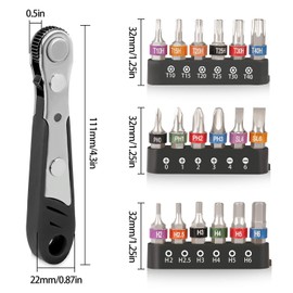 Hakkin 19PCS Mini Ratchet Wrench Screwdriver Bit Set S2 Steel 1/4” Drive 36 Teeth Ratcheting Screwdriver High Torque Offset Screwdriver Reversible Drive Handle with Phillips Slotted Hex Torx Star Bits