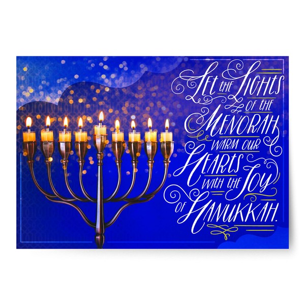 Designer Greetings Boxed Hanukkah Cards, Photographic Lit Menorah Design (Box of 18 Foil-Embossed Cards with Envelopes), Blue Candle Light, (125-00971-000)