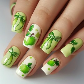 Green Square Press on Nails Apple Fake Nails Bow Acrylic Nails Press on Full Cover Glossy Glue on Nails False Nails with Glue Artificial Stick on Nails for Women Manicure Nail Art Decoration