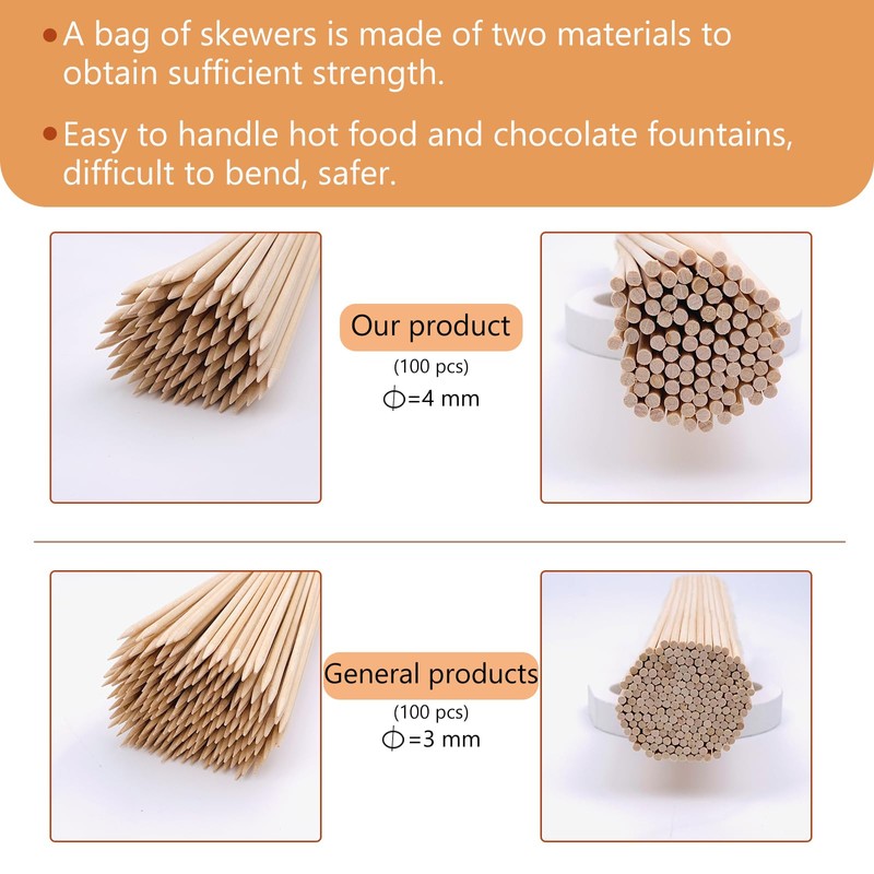 12" Natural Bamboo Wooden Skewers the diameter is 4mm (100