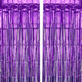 CHRORINE 2 Pcs 1 x 2.5m Purple Metallic Tinsel Foil Fringe Curtain, Backdrop Party Streamers Door Streamers Background for Wedding Bridal Shower Bachelorette Birthday Party Decorations