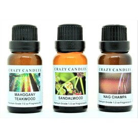 Crazy Candles 3 Bottles Set, 1 Mahogany Teakwood, 1 Nag Champa, 1 Sandalwood 1/2 Fl Oz Each (15ml) Premium Grade Scented Fragrance Oils