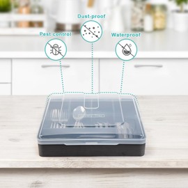 QINOL Silverware Tray with Lid, Utensil Drawer Organizer for Kitchen Countertop, Wooden Flatware Organizers and Storage Holder (Black)
