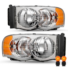 JSBOYAT Headlight Assembly Compatible with 2002-2005 Dodge Ram 1500 Pickup and 2003-2005 Dodge Ram 2500/3500 Pickup Driver Passenger Side (Chrome Housing with Amber Reflector)