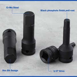 LEONTOOL 8PCS Impact Allen Socket Set, 1/2" Drive Impact Hex Driver Set, Metric H5-H19 Hex Bit Socket Set, Lengthen Allen Key Socket Set, Cr-Mo Steel 1-Piece Construction Impact Adapter, Case Included