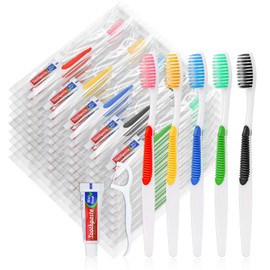 HAIFOTRVA Disposable Toothbrushes with Toothpaste and Floss,30pcs Single Use Individually Wrapped Disposable Travel Toothbrushes and Dental Floss Kit Bulk for Homeless,Airbnb,Dentist,Hotel(5 Colors)