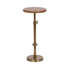 Kate and Laurel Engles Modern Adjustable-Height Pedestal Drink Table; 10 x 10 x 30; Walnut Brown and Brass; Mid-Century Round Indoor Metal Plant Stand with Solid Wood Tabletop