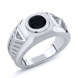 Gem Stone King 1.68 Cttw Black Onyx and White Diamond 925 Sterling Silver Ring For Men | Gemstone Birthstone | Round 8MM | Available In Size 7, 8, 9, 10, 11, 12, 13