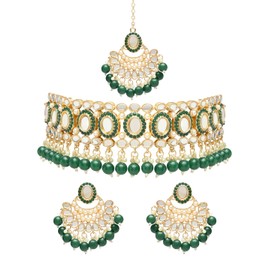 I Jewels Gold Plated Indian Wedding Bollywood Kundan Choker Necklace Chandbali Earring & Maang Tikka Ethnic Jewellery Set Gift for Women & Girls(K7228G), No Gemstone