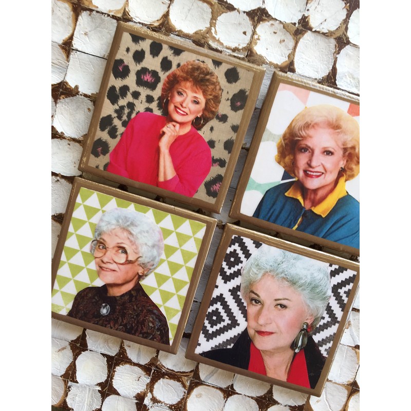 Golden Girls coasters with abstract backgrounds and gold trim